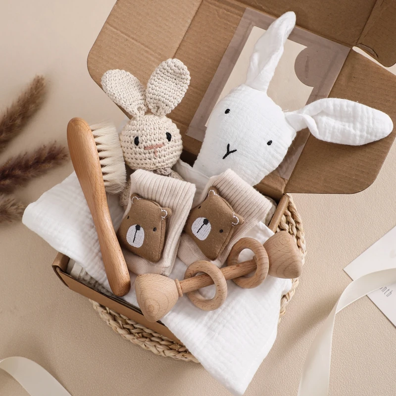 Couverture coton double face bébé ensemble bain 7 pièces cadeau naissance boîtecadeau jouets en bois brosse à