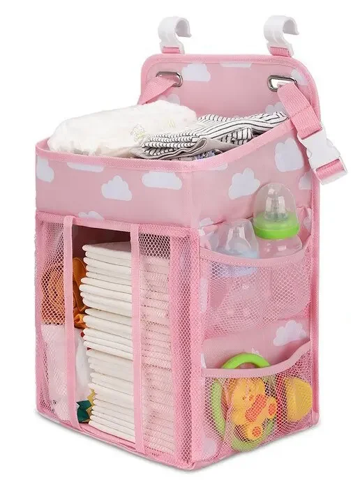 Organisateur suspendu de couches pour bébé sac de rangement multifonction rose pastel avec nuages
