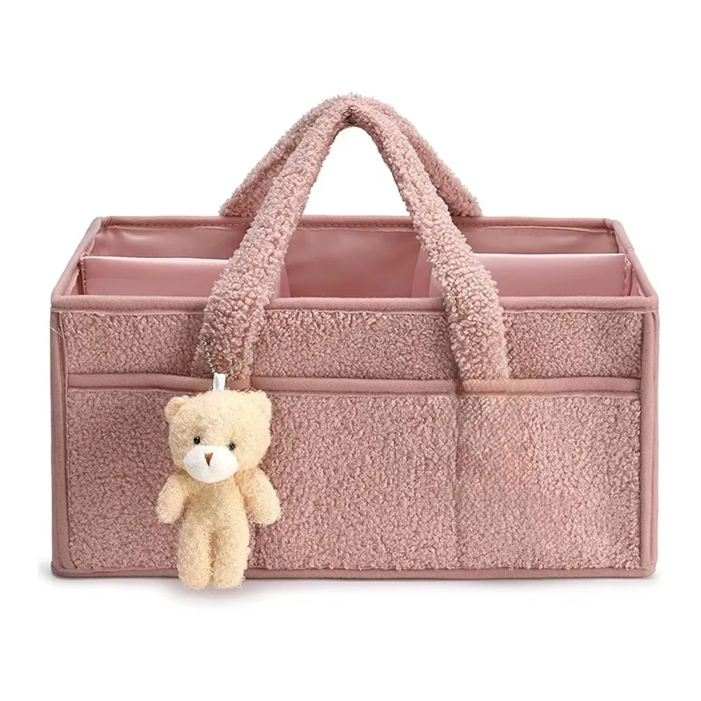 Organisateur de rangement pelucheux pour bébé panier à compartiments design doux rose idéal pour chambre d'enf