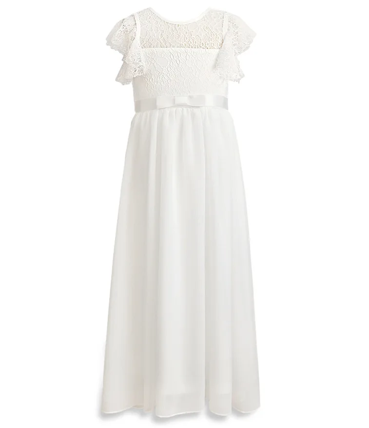 Robe d'été pour fille en dentelle et tissu fluide longue style princesse occasion spéciale 713 ans blanche sat