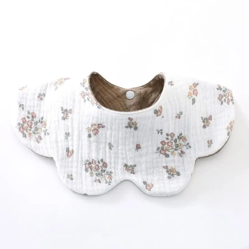 Bavoir bébé en coton floral doux à col rond 360° 6 couches nouveauné style mignon beige intérieur bouton ajust