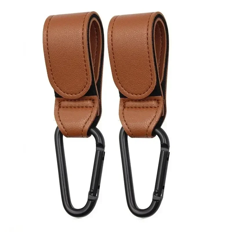 Accessoire poussette bébé sac organiseur 2 pièces PU cuir marron crochets sécurisés rotatifs