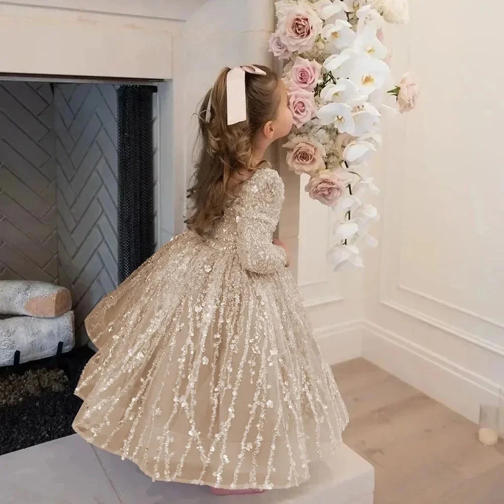 Robe à fleurs pour fille manches longues Noël mariage rose blush paillettes dentelle robe de soirée enfants ca