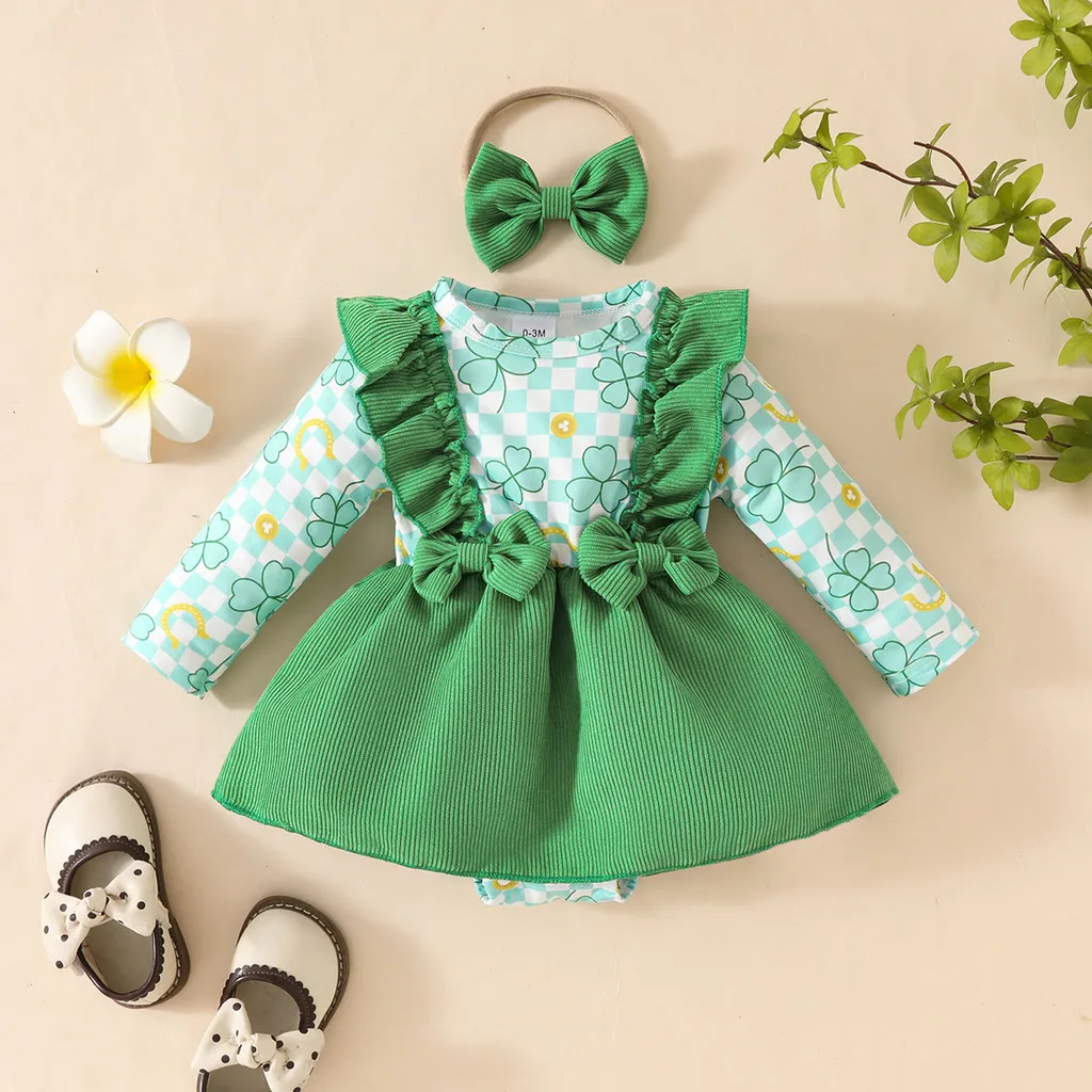 Robe bébé fille fourleaf clover longues manches jupe headband 018 mois ensemble printemps mignon