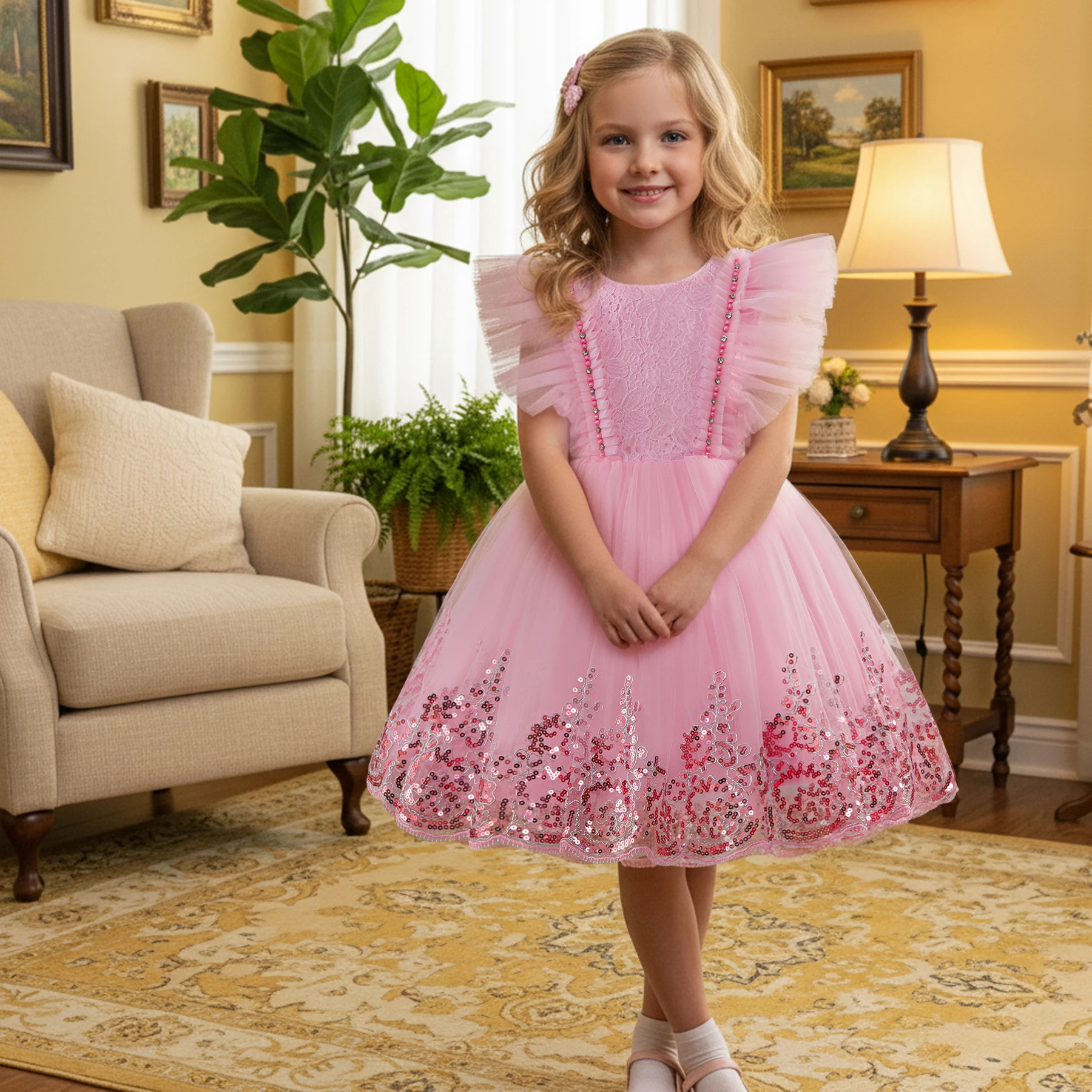 Robe princesse dentelle filles tutu mariage spectacle enfant robe Aligne col rond manches pétale polyester vis