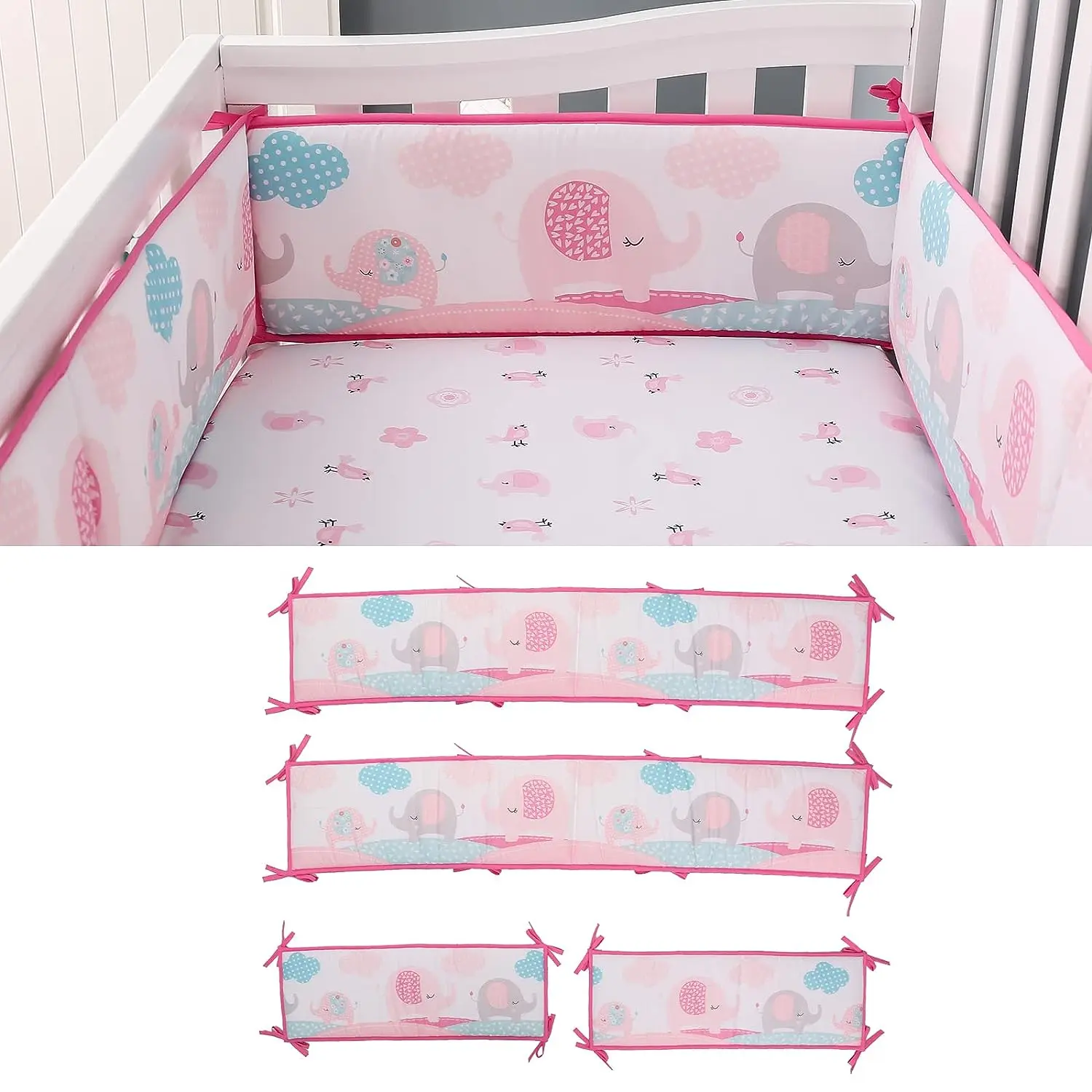 Ensemble 4 pièces Parechocs lit bébé Design animé Élément Élphants Rose Doux Protection Crib Cribsafety Litièr