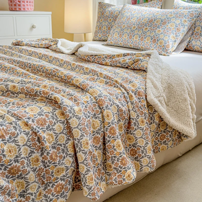 Couverture polaire d'agneau pour lit couvrelit en lin brut imprimé de fleurs couette simple/Queen/King pour hi