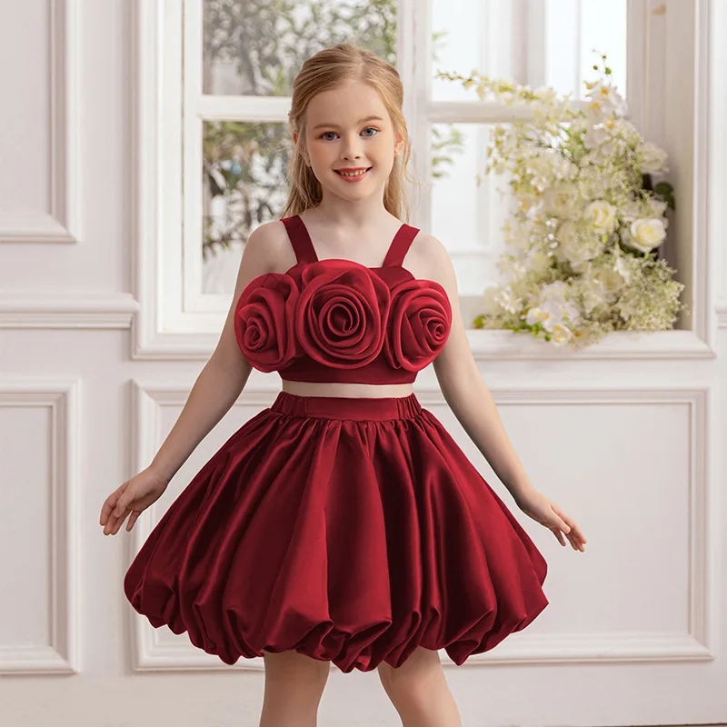 Robe de soirée pour filles demoiselle d'honneur débardeur à fleurs jupe ensemble 2 pièces robe bouffante éléga