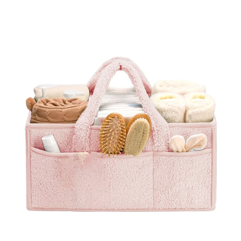 Organisateur de couches bébé panier à langer portable sac de rangement en tissu peluche rose poudré compartime