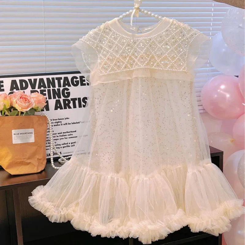 Robe princesse élégante pour filles vêtements enfant robe tulle perles paillettes occasion festive anniversair