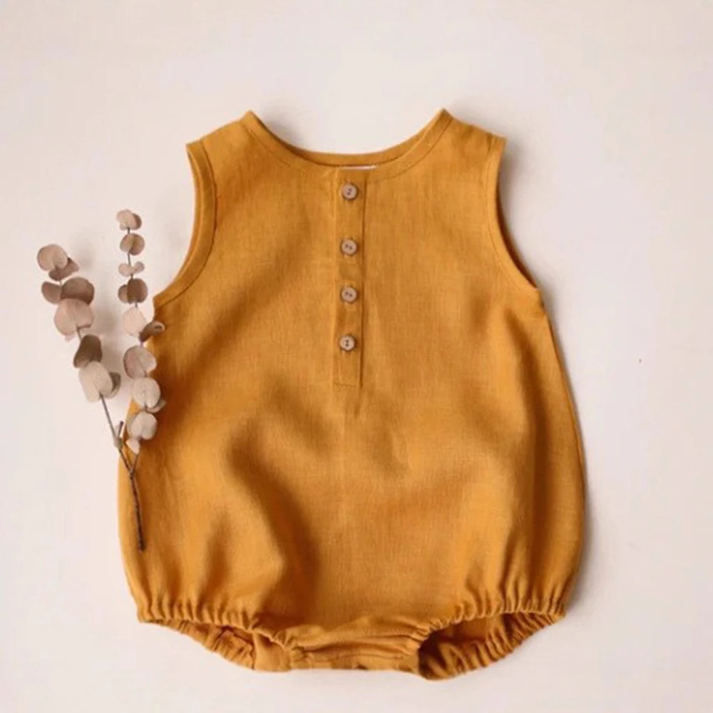 Romper bébé unisexe en lin et coton combinaison sans manches pour nouveauné col rond boutons en bois couleur j