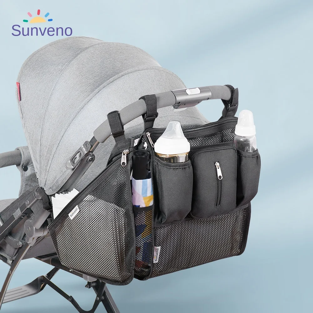 Sunveno Organisateur Poussette Sac Rangement Accessoires bébé Multifonctionnel Poches Isolantes Design Moderne