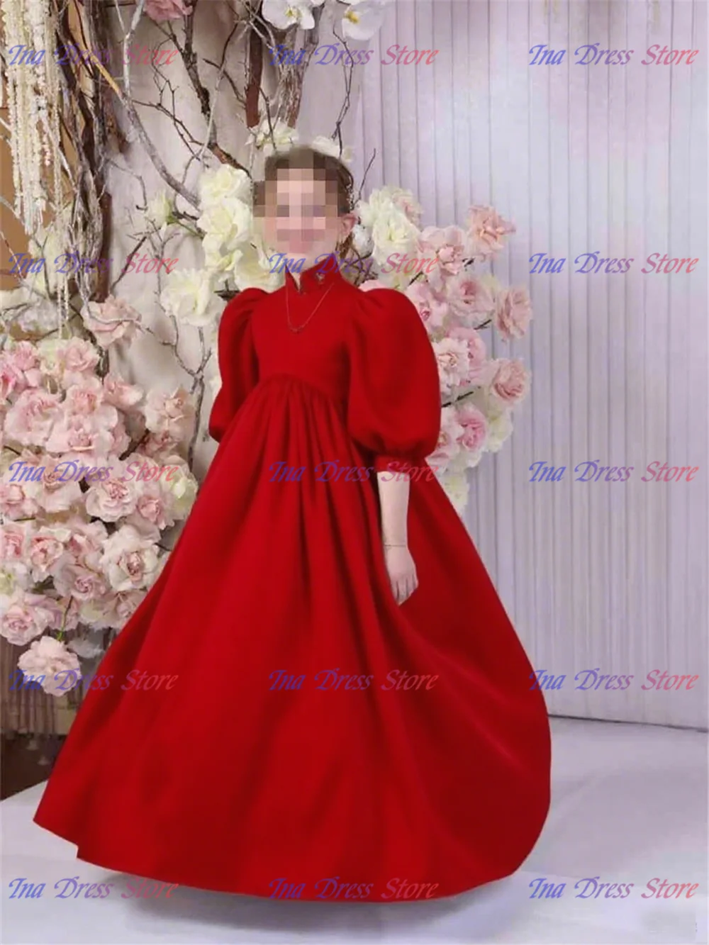 Robe de première communion fille tulle dentelle fleurs nœud rose longueur plancher style Aline robe de fête ma