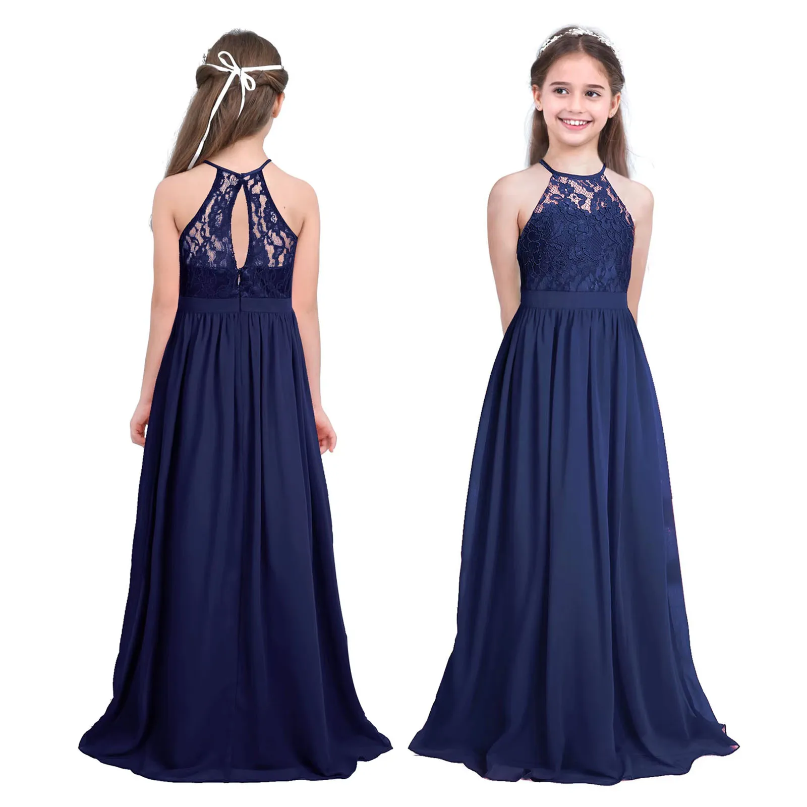 Robe longue de soirée pour enfants demoiselle d'honneur en mousseline de soie strass Navy Blue