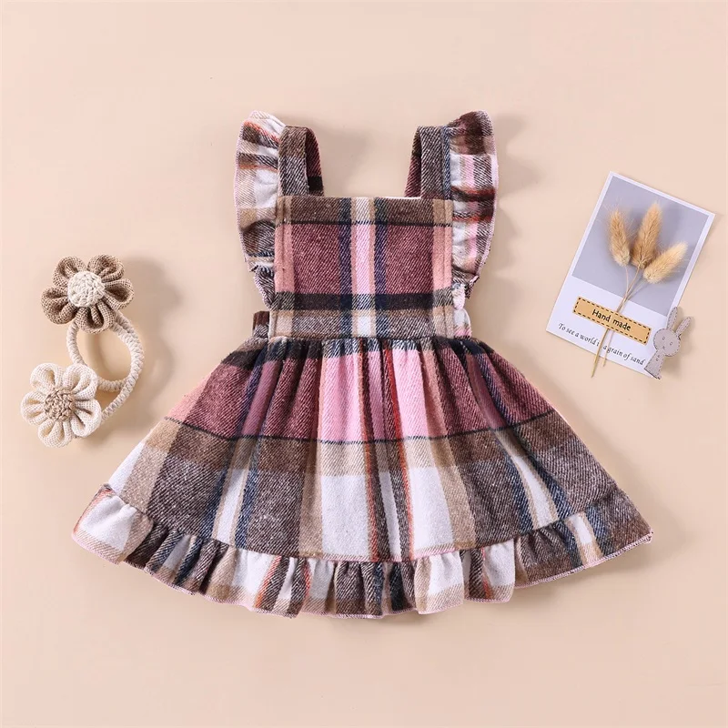 Robe pour bébé fille manches courtes à volants motif carreaux style