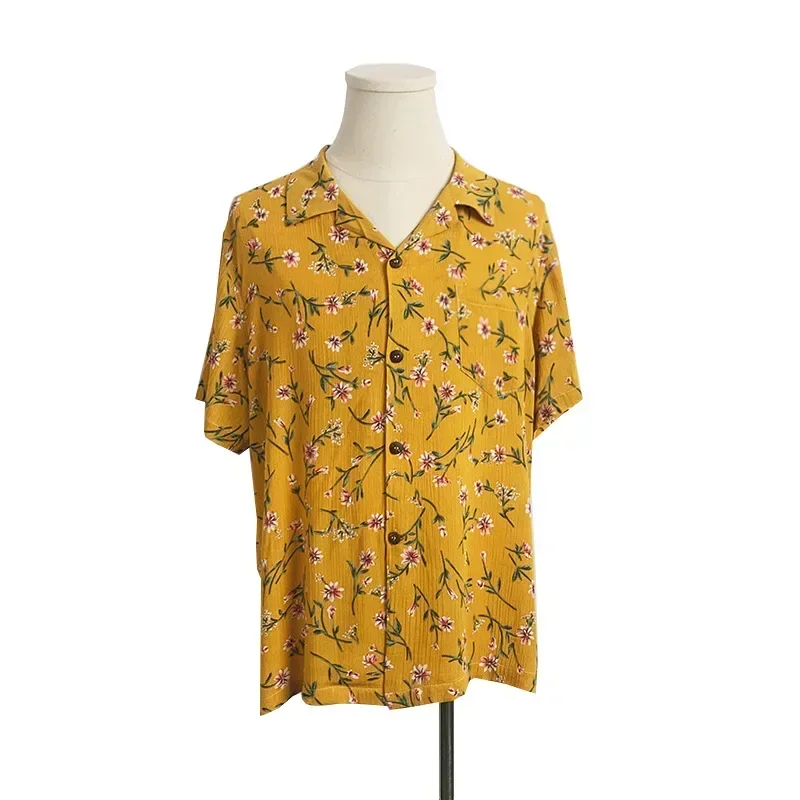 Chemise été famille floral mère père enfant robe été décontractée polyester manches courtes motif floral jaune