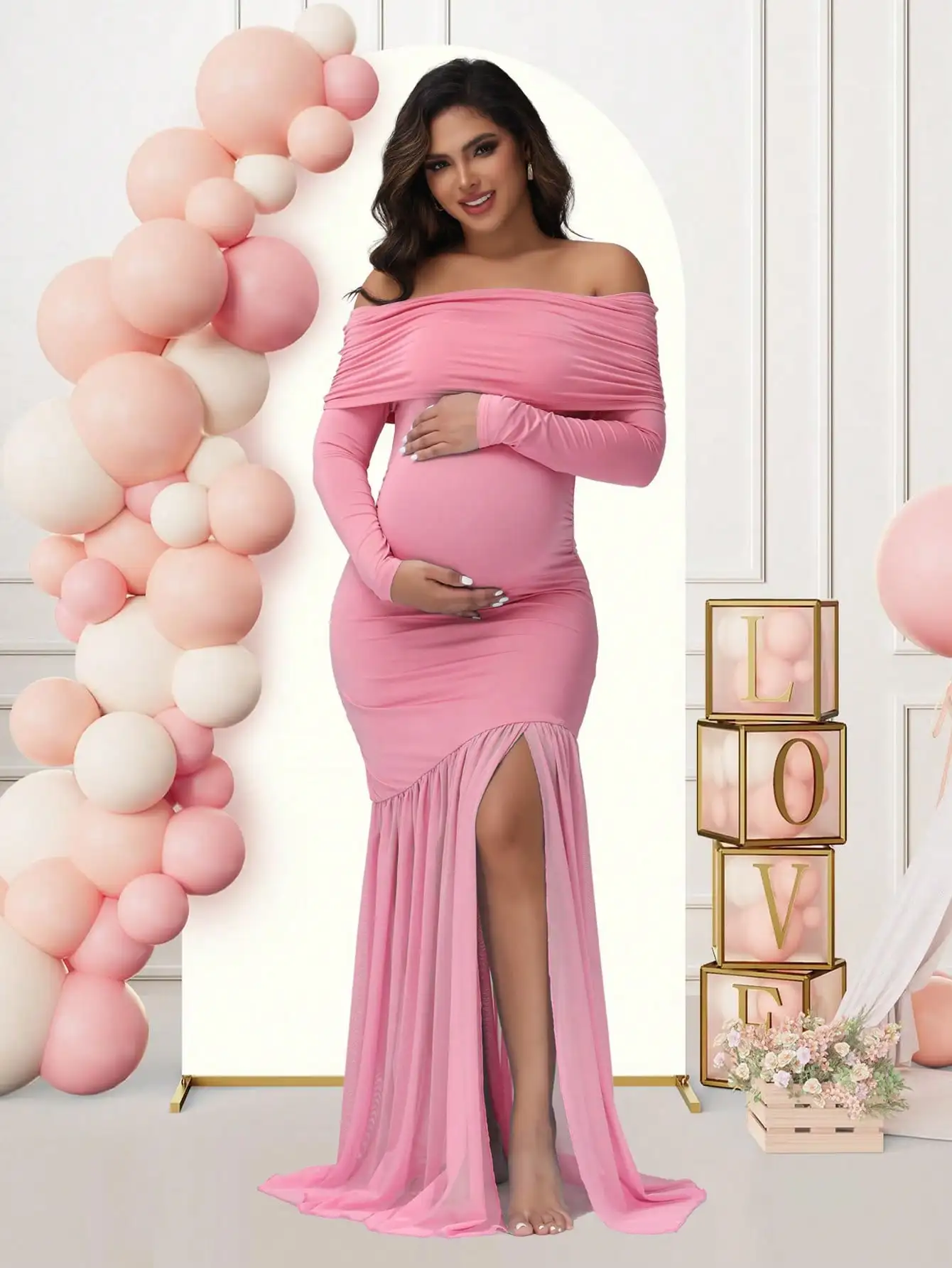 Robe de Soirée Élégante pour Femme Enceinte Maternité Fente Décolletée Ourlet en Queue de Poisson Polyester et