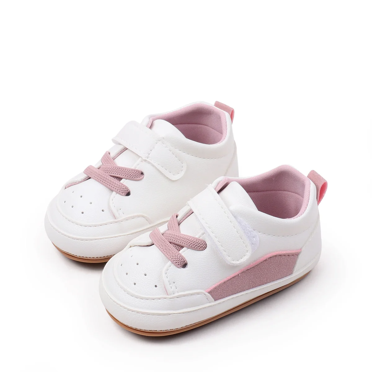 Chaussures bébé filles garçons 012 mois sneakers blanches rose velcro doublure cuir PU confortable antidérapan