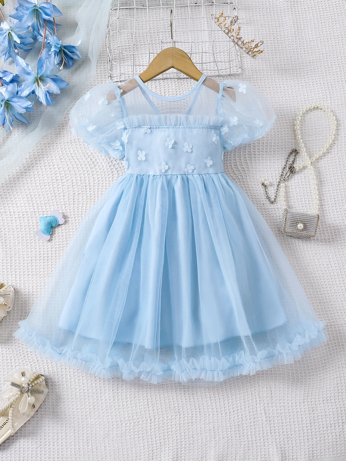 Robe princesse tissu léger floral tulle manches bouffantes corsage ajusté enfant 46 ans robe cérémonie été