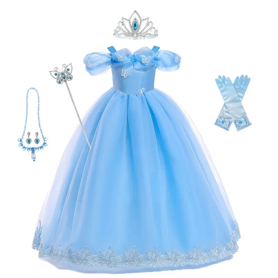 Robe princesse bleu clair pour fille costume fée accessoires incl. déguisement anniversaire Noël Cendrillon fê