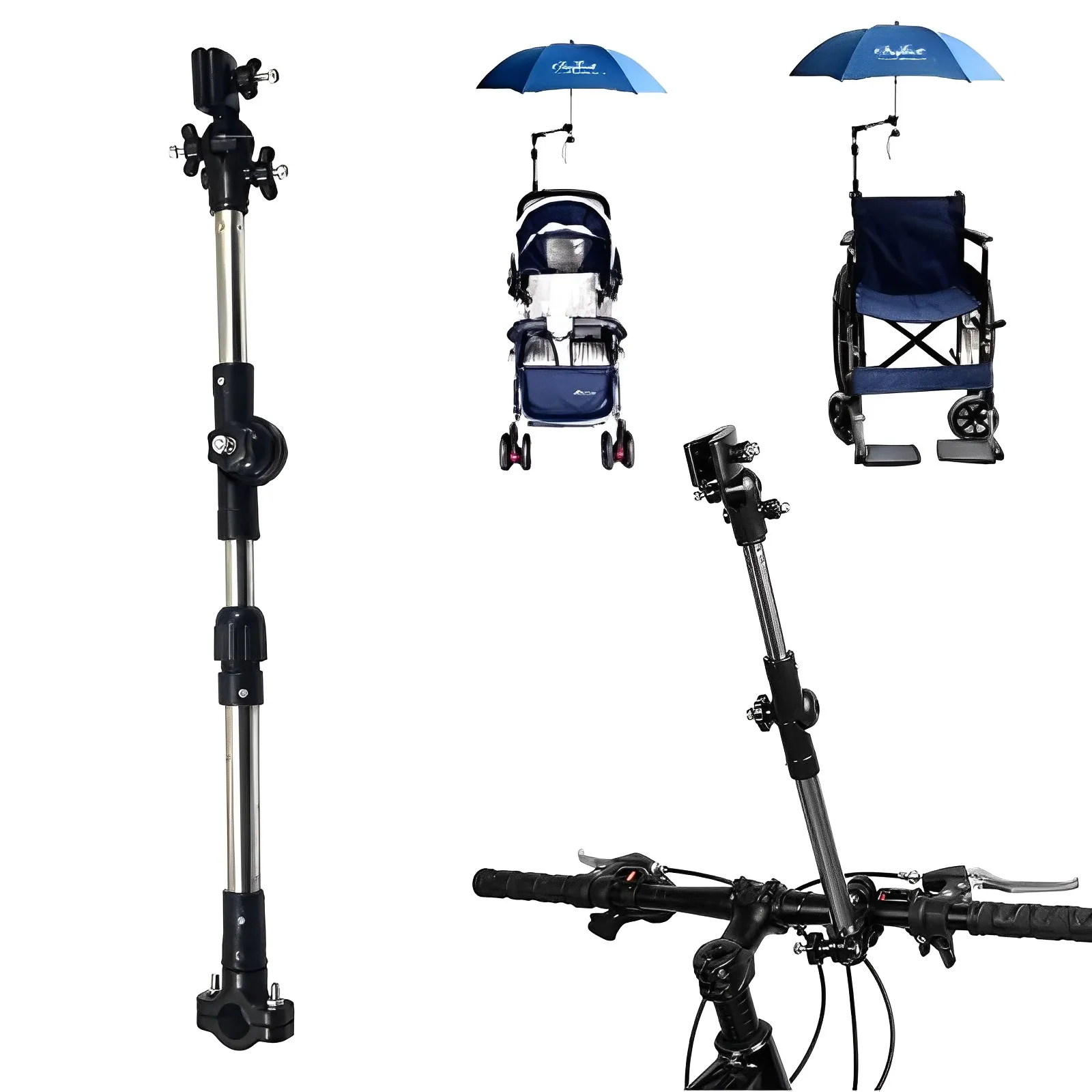 Support de parasol pour poussette et fauteuil roulant réglable en hauteur et angle métal et plastique fixation