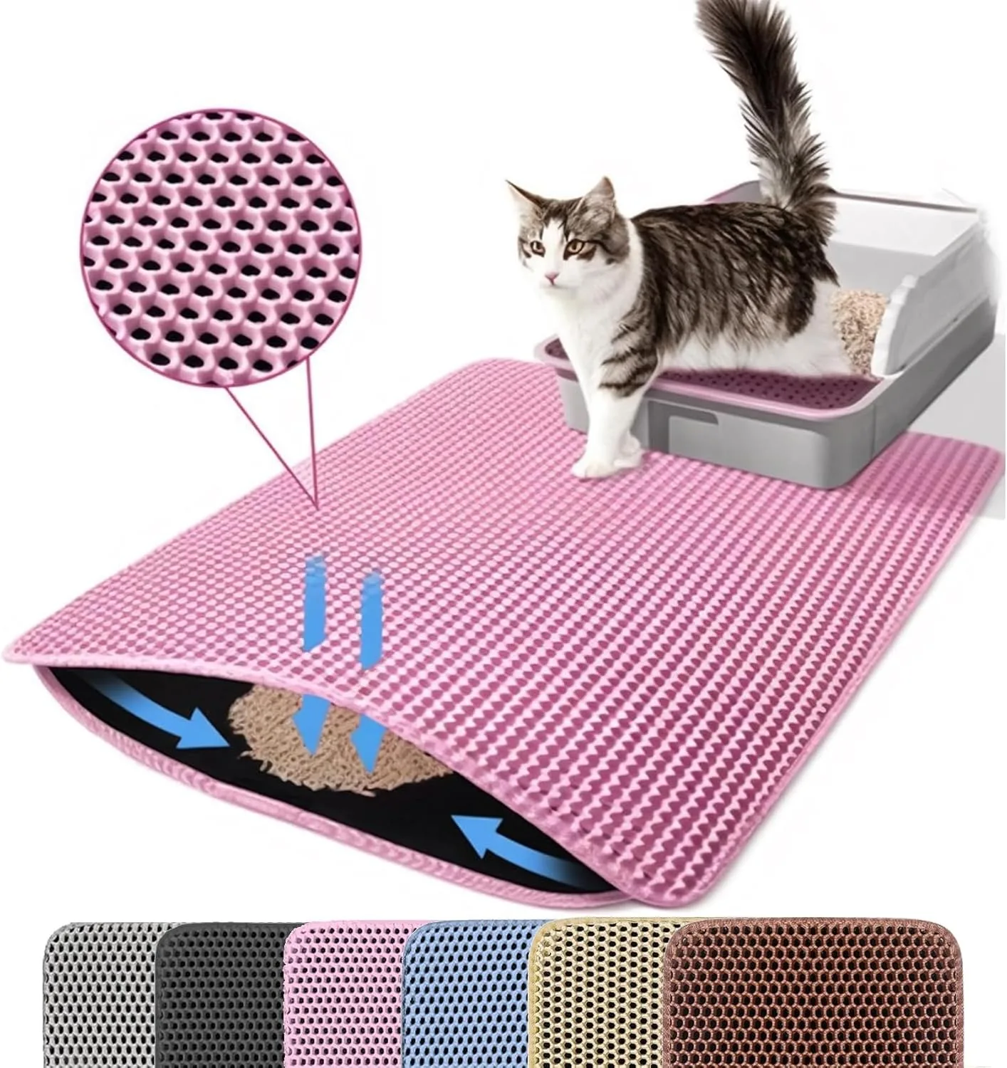 Tapis de litière pour chat double couche antidérapant imperméable et lavable texture nid d'abeille rose vif mo