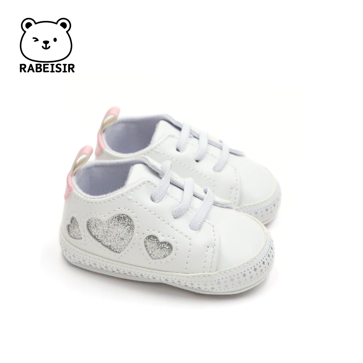 Chaussures bébés filles RABEISIR style amour blanches cuir synthétique semelle caoutchouc antiglissante lacets