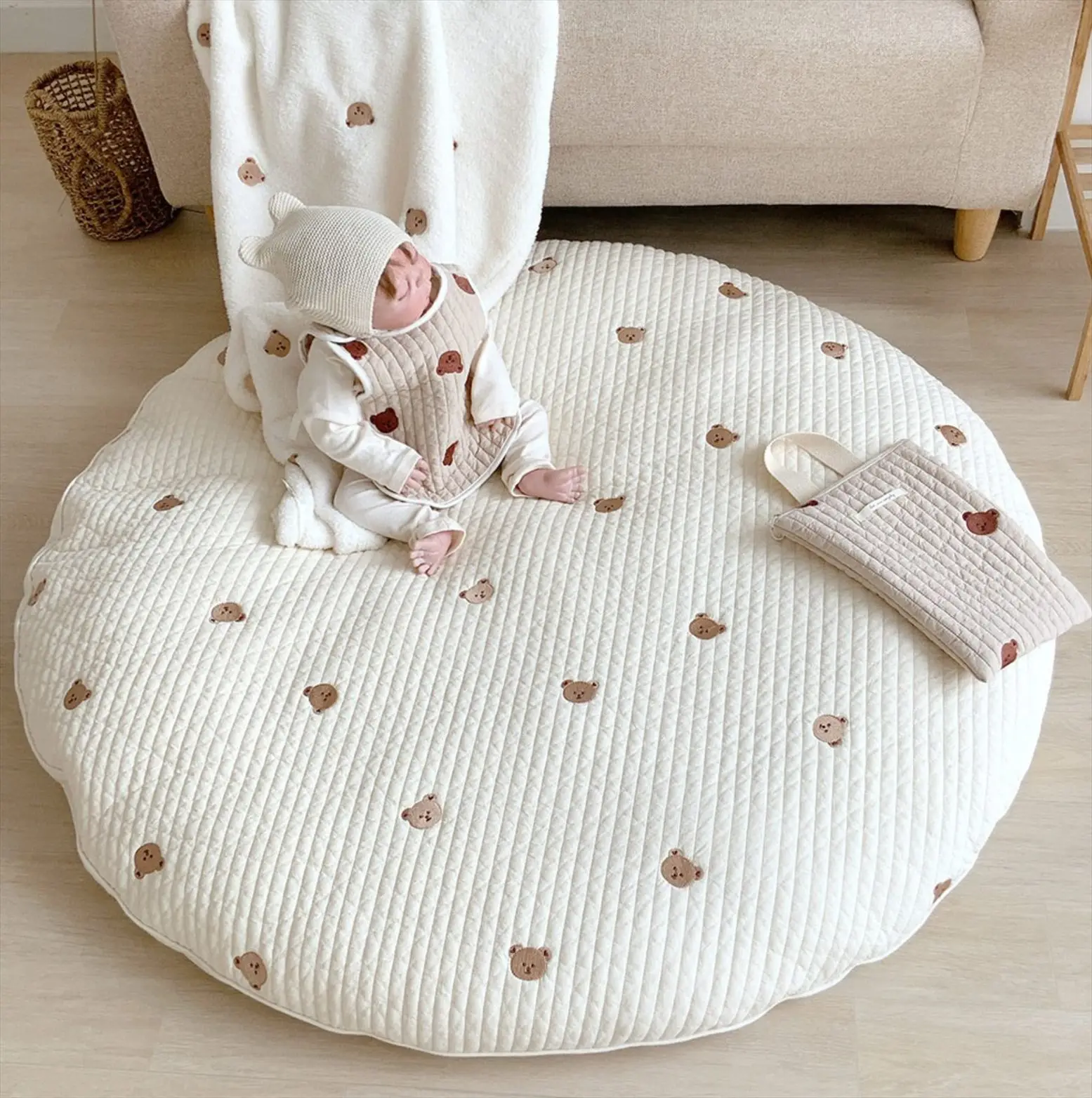 Tapis Circulaire en Polymères Lavables et Brodés pour Bébé Style Coréen Tapis de Tente pour Enfant Accessoire 