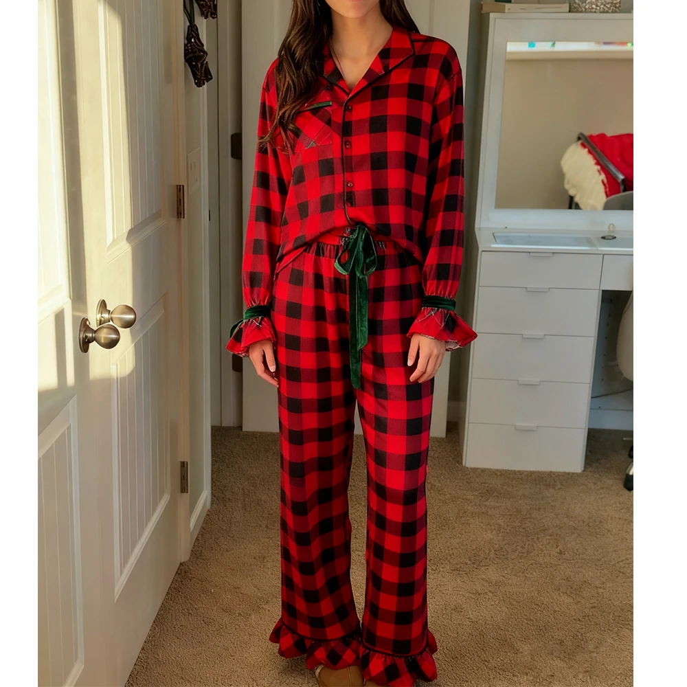 Ensemble pyjama assorti maman et bébé imprimé à carreaux/noël chemises à boutons à nouer pantalons vêtements d