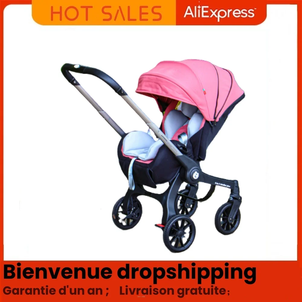 Poussette légère 4 en 1 pour bébé nouveauné adaptée 03 ans pliable design moderne couleurs rose/noir fonctionn
