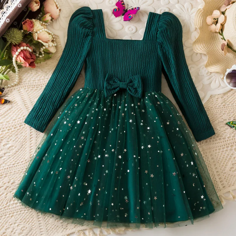 Robe princesse tissu tulle manches longues étoiles galaxy filles 46 ans vert occasion spéciale élégante