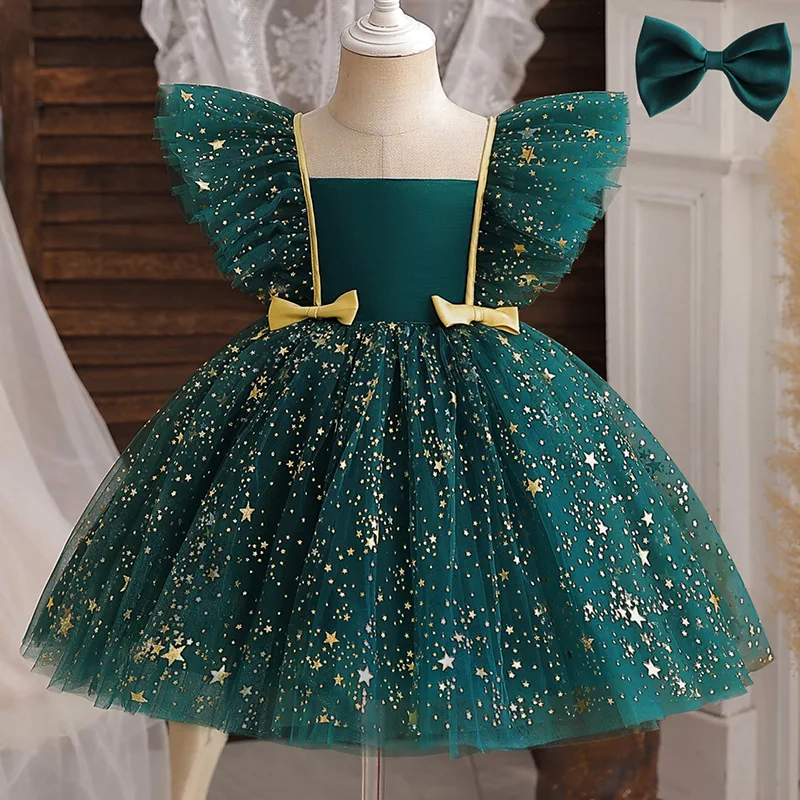 Robe de soirée princesse pour enfant tulle paillettes nœud étoile vert occasion spéciale robe bouffante fille 