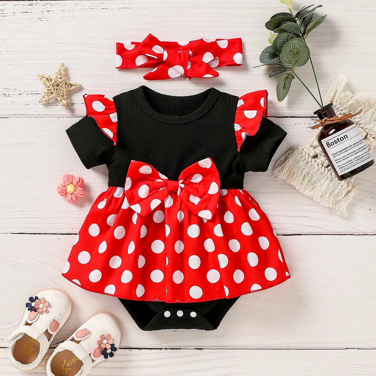 Robe à pois pour bébé fille style Lolita tunique à nœud vêtement d'été doux accessoire bandeau incl. zt678