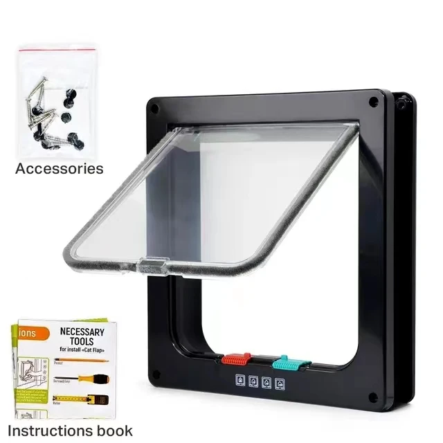 Porte à rabat magnétique sécurisée pour chats serrure 4 voies plastique ABS transparent noir design moderne in