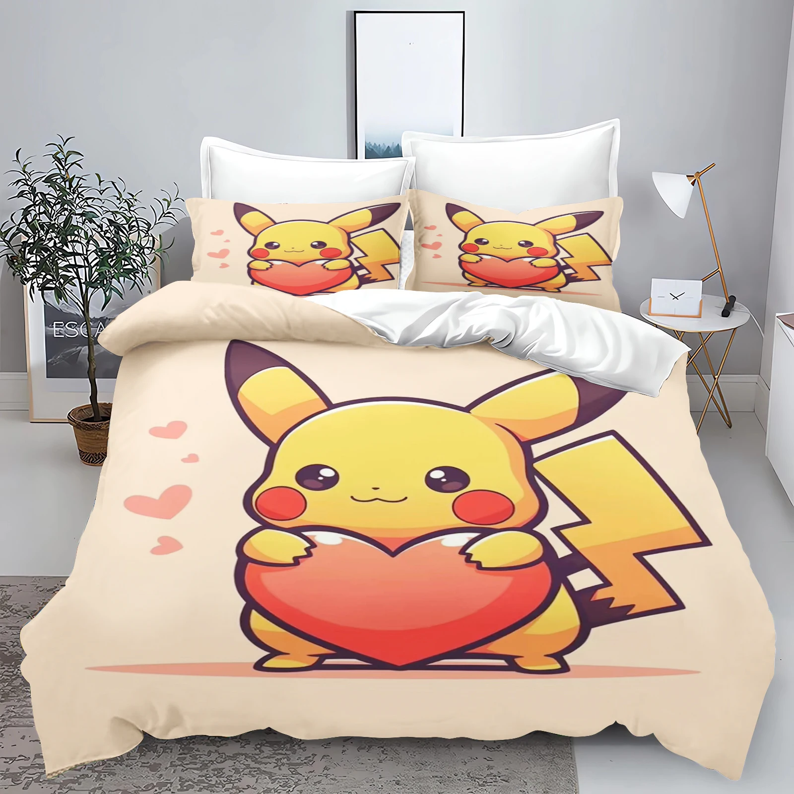 Parure de lit Pokémon Pikachu cœur housse de couette et oreillers