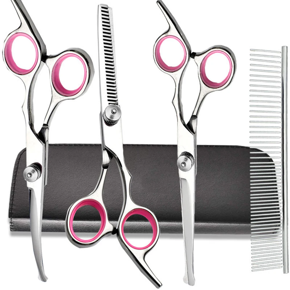 Kit ciseaux toilettage professionnels acier inoxydable poignées ergonomiques rose 4 pièces visage corps coiffu