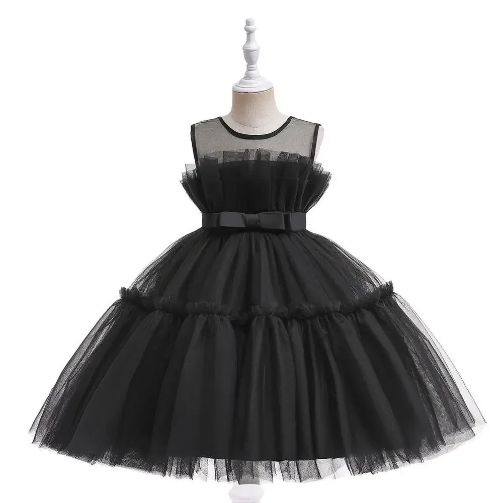 Robe de cérémonie bébé fille en tulle noir satinée élégante robe sans manches pour événements formels cérémoni