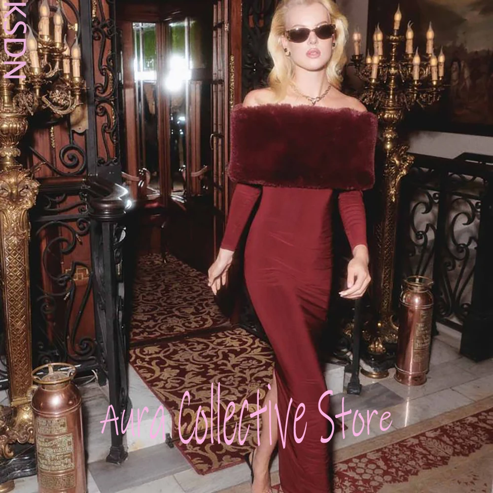 Robe fourreau droite bordeaux pour femmes, élégante, manches longues, épaules dénudées, col en fourrure, robe 