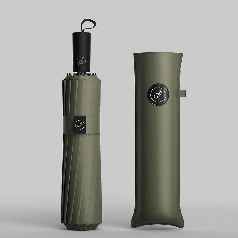 Parapluie pliable robuste à 16 nervures manche en bois design minimaliste couleur verte olive portable et rési