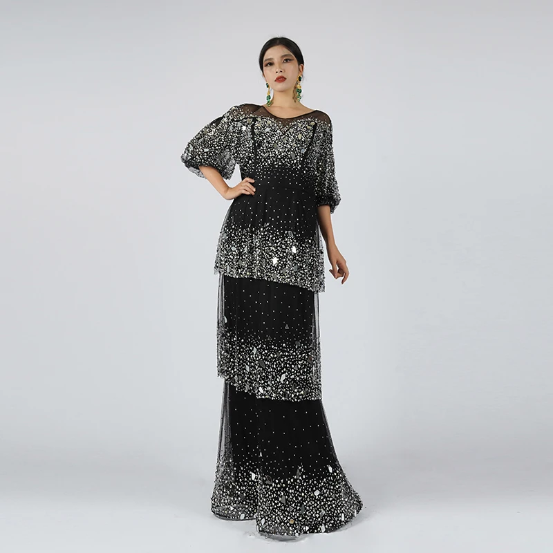 Robe formelle à manches bouffantes pour femmes robe de mariage perles d'ongles biscuits colonne vertébrale mar