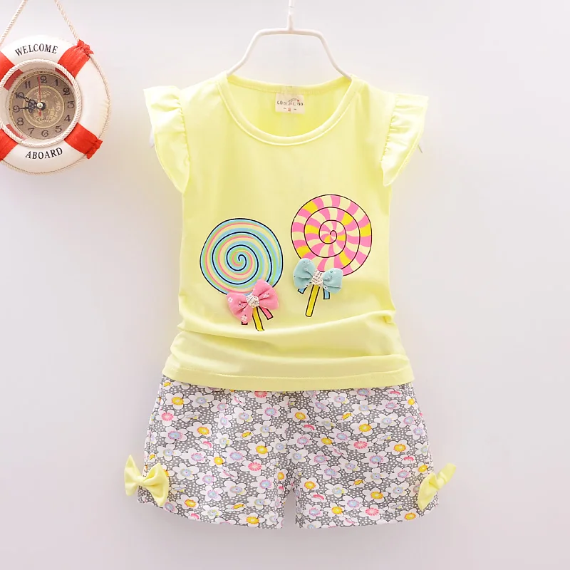 Ensemble vêtements bébé fille tshirt short imprimé sucette style enfantin coloré été 46 ans