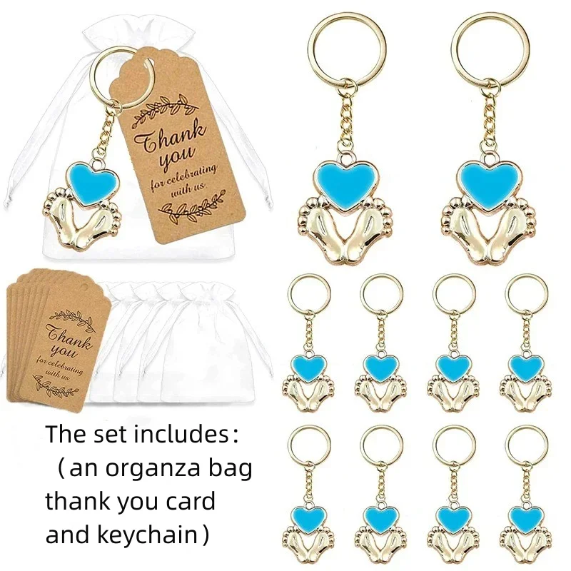 Ensemble cadeau bébé 12 porteclés grenouille cœur or bleu faveur