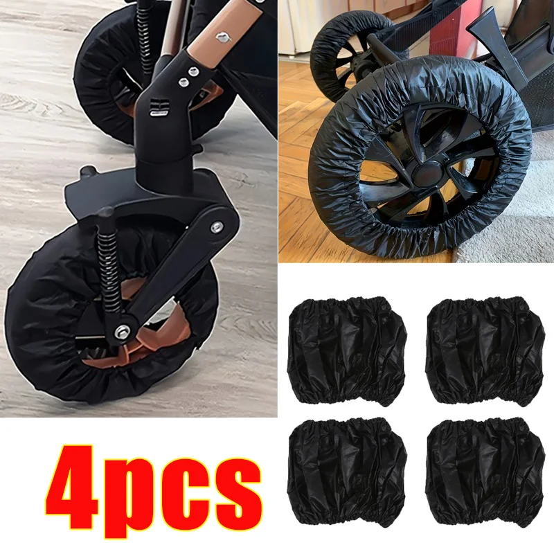 Housse de roue de poussette noire 4 pièces polyester résistant à la poussière facile à nettoyer conception à v