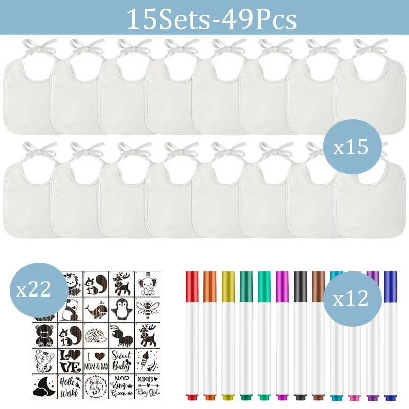 Ensemble bébé douche jeu décoration cadeau bavoirs personnalisables tissu coton blanc 15 sets autocollants mar