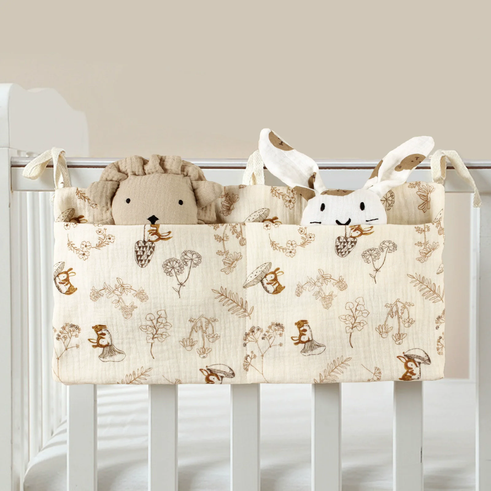 Organisateur de berceau suspendu bébé sac de rangement multiusages tissu coton design nature poches pratiques 
