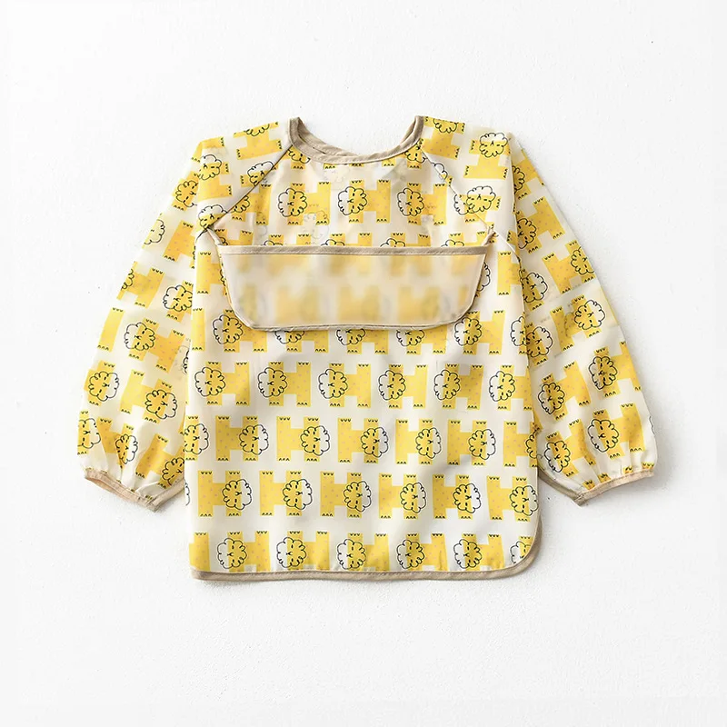 Tablier pour enfants imperméable 1 pièce manches longues design ludique jaune clair wolves motifs poche fronta