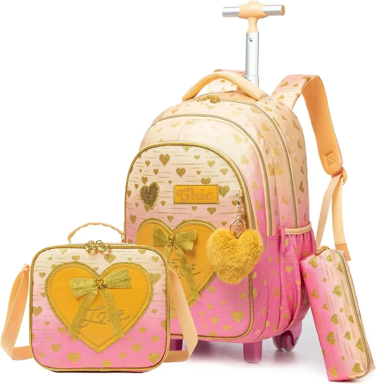 Sac à dos à roulettes girly avec trousse et lunch box sacs d'école mignons pour filles design cœurs dorés rose
