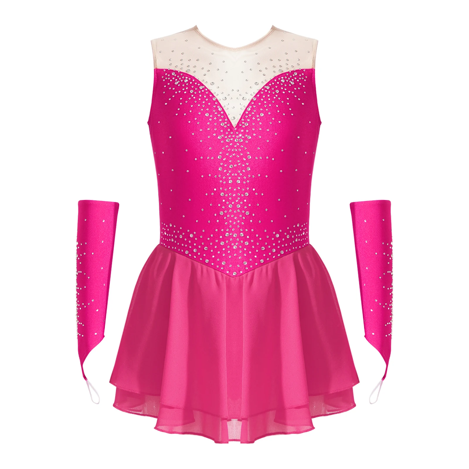 Robe de patinage artistique fille rose vif tutu strass gants assortis vêtements danse élégance style moderne c