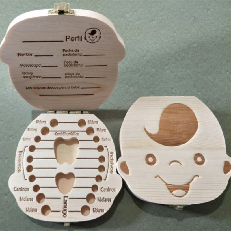 Boîte à dents de bébé en bois espagnol rangement dents de lait souvenir