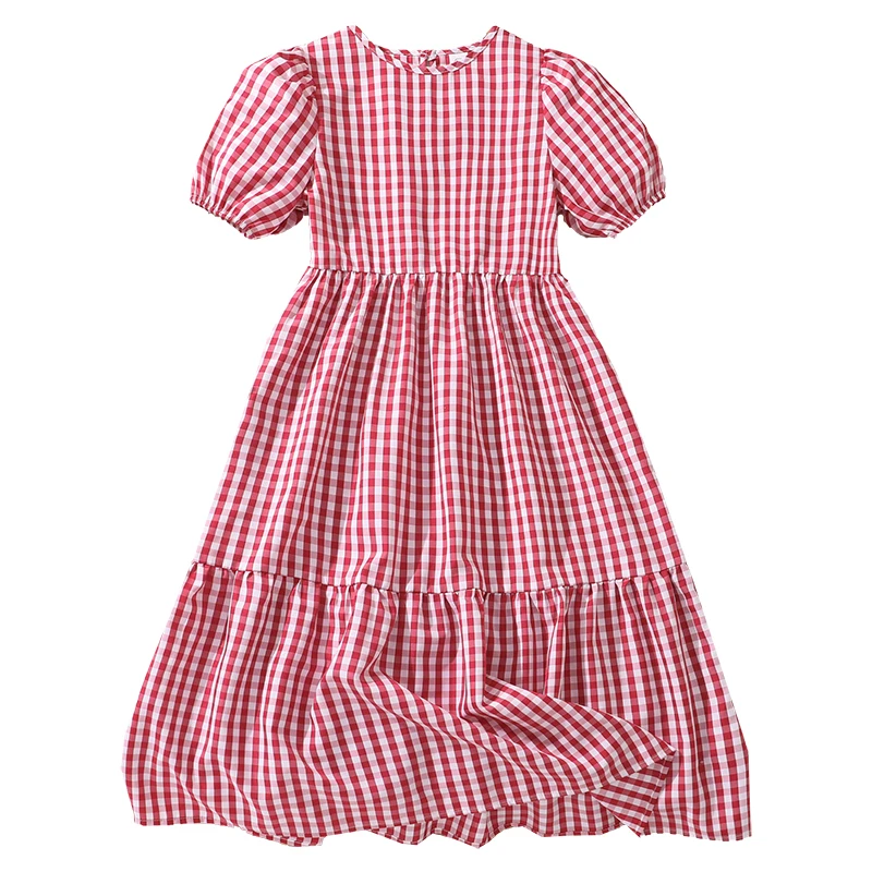 Robe longue bébé fille motif carreaux rouge et blanc manches bouffantes col rond style romantique robe été béb